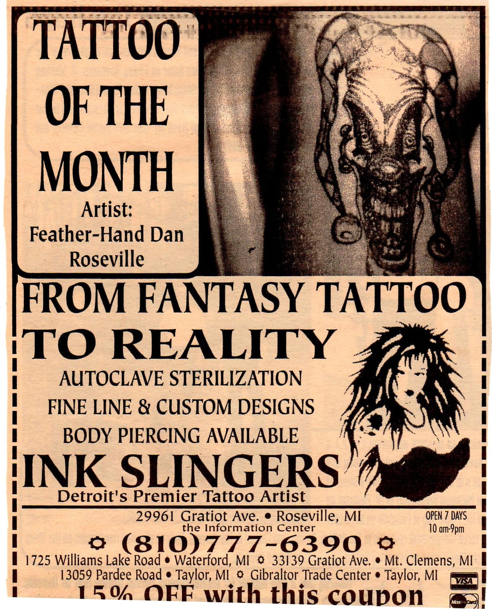 Newsprint advertisement headed Tattoo of the Month, reading From Fantasy Tattoo to Reality, for Ink Slingers on Gratiot Avenue in Roseville